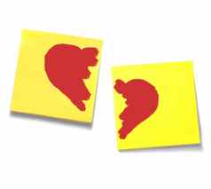 黄色的黏糊糊的笔记分离红色的心
