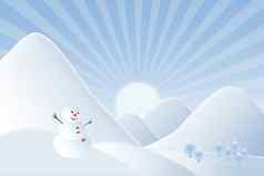 圣诞节背景雪男人。山日落时间