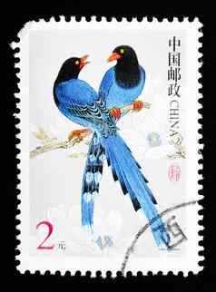 中国约邮票印刷中国显示图像蓝色的鸟约