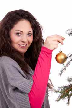 美丽的浅黑肤色的女人女人装修圣诞节树