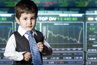 孩子穿着商人有趣的脸股票市场