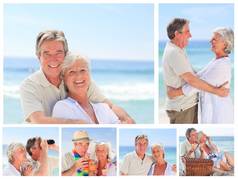 拼贴画上了年纪的夫妇享受时刻海滩