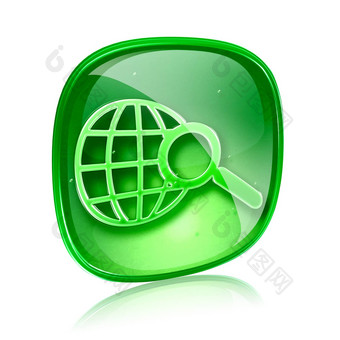 全球放大镜图标绿色玻璃孤立的白色背气