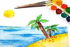 孩子的绘画热带海岸太阳棕榈