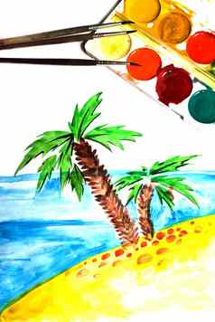 孩子的绘画热带海岸棕榈