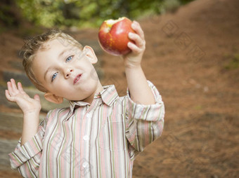 可爱的孩子男孩吃红色的苹果