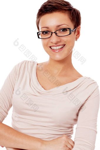 年轻的微笑女人眼镜短发型