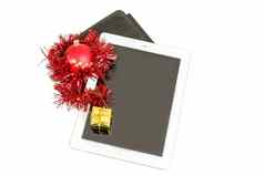 礼物白色平板电脑圣诞节球盒子红色的链