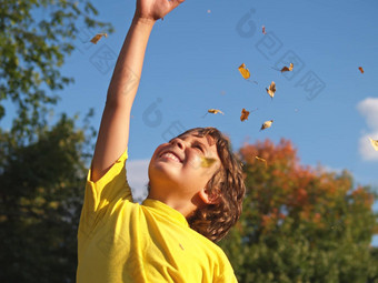 年轻的男孩扔叶子空气