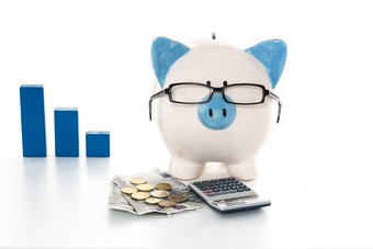 小猪银行穿眼镜计算器现金蓝色的图背景