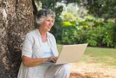 快乐灰色头发的女人移动PC坐着树