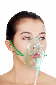 病女病人穿氧气面具