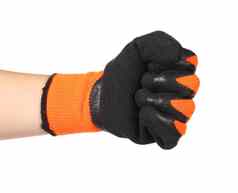 手显示拳头黑色的橙色橡胶手套