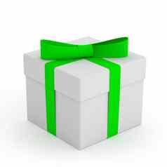白色礼物盒子绿色丝带弓白色背景