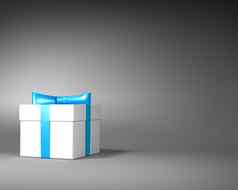 白色礼物盒子蓝色的丝带弓灰色的背景