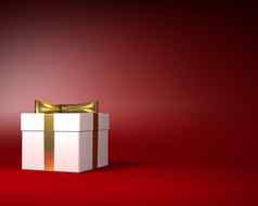 白色礼物盒子黄金丝带弓红色的背景
