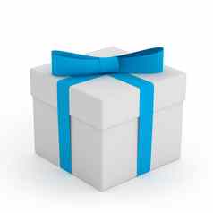 白色礼物盒子蓝色的丝带弓白色背景