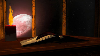 开放古董书燃烧蜡烛<strong>红色的月亮</strong>背景