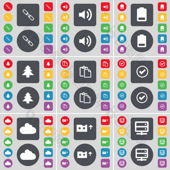 链接声音电池冷杉调查蜱虫云盒式磁带服务器图标象征大集平彩色的按钮设计