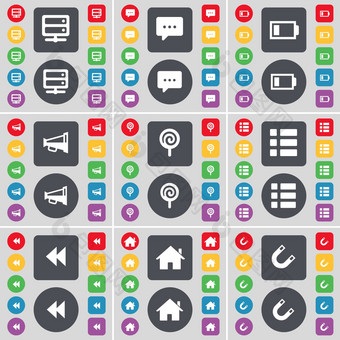 床闲谈，聊天泡沫电池扩音器棒棒糖列表倒带房子磁铁图标象征大集平彩色的按钮设计