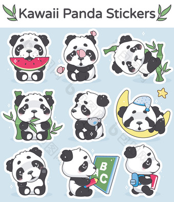 可爱的熊猫卡哇伊卡通向量字符集可爱的快乐有趣的动物吃西瓜竹子孤立的贴纸补丁包动漫婴儿熊猫熊睡觉表情符号蓝色的背景图片