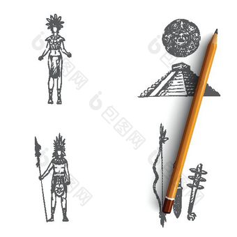 玛雅文明玛雅人工具金字塔向量概念集图片
