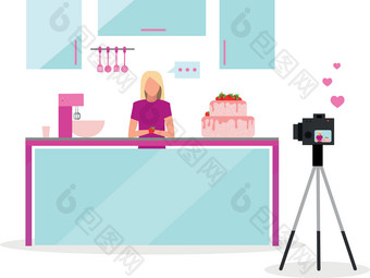 烹饪博主平向量插图导演视频博客影响者流媒体视频糖果面包店视频教程社会媒体视频博客内容孤立的卡通字符白色背景图片