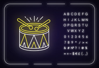 鼓霓虹灯光图标音乐的仪器巴西狂欢节节日鼓游行桑巴外发光的效果标志字母数字符号向量孤立的rgb颜色插图图片