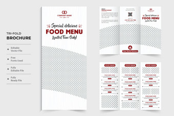 美味的食物菜单折扣促销宣传册设计照片占位符双站食物菜单列表模板餐厅烹饪三褶皱宣传册向量红色的白色颜色图片