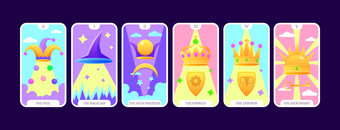 塔罗牌卡片平甲板卡通芋头卡主要神秘包括傻瓜magican女祭司圣职者皇帝皇后神秘的向量游戏集完整的包深奥的魔法占星术符号孤立的彩色的图形插图每股收益图片