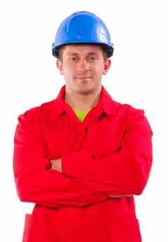 工人穿红色的夹克蓝色的需要戴安全帽的