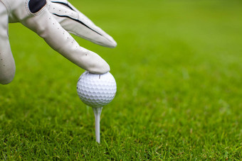 手放置高尔夫球三通高尔夫球绿色草