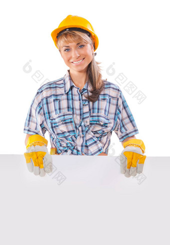 微笑快乐年轻的女建设工人白色placar