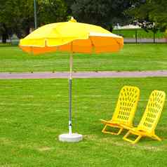 黄色的雨伞便鞋站草