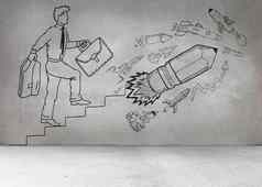 灰色墙漫画男人。铅笔火箭
