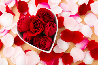 美丽的红色的玫瑰内部心形状碗花瓣