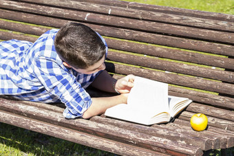 学校年轻的男孩阅读书公园板凳上夏天