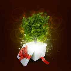礼物盒子神奇的绿色树