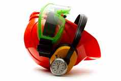 红色的安全头盔耳机护目镜秒表