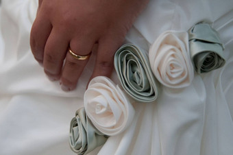 新娘手婚礼环关闭玫瑰装饰衣服