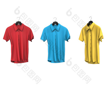 红色的蓝色的黄色的<strong>短袖衬衫</strong>孤立的白色背景
