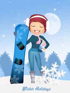 女孩滑雪板冬天