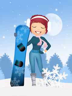 女孩滑雪板冬天