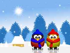 猫头鹰夫妇滑冰冰冬天