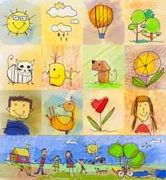 孩子们的画风格符号集人类家庭动物自然对象
