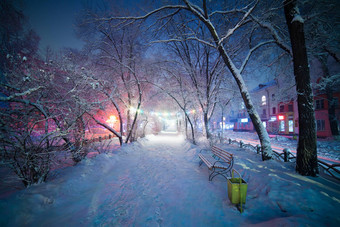 冬天仙境晚上小巷板凳上美丽的光大气通路创建深度图像允许观众眼睛进步场景冬天景观不错的情绪颜色