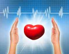 医疗在乎概念红色的心女手心电图