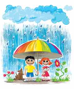 多雨的一天孩子们狗猫隐藏伞