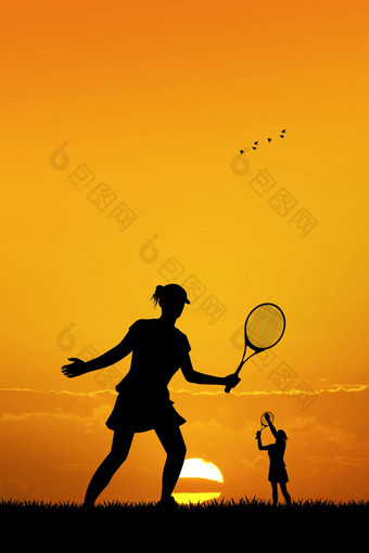 女孩玩网球日落