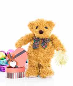 泰迪熊红色的心形状的礼物盒子